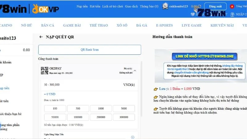 Các bước nạp tiền 78win
