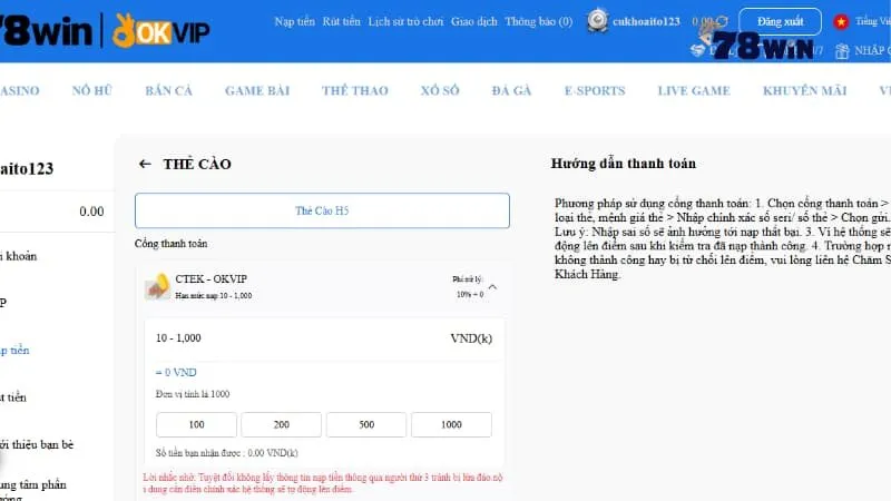 Một vài mẹo nạp tiền 78win